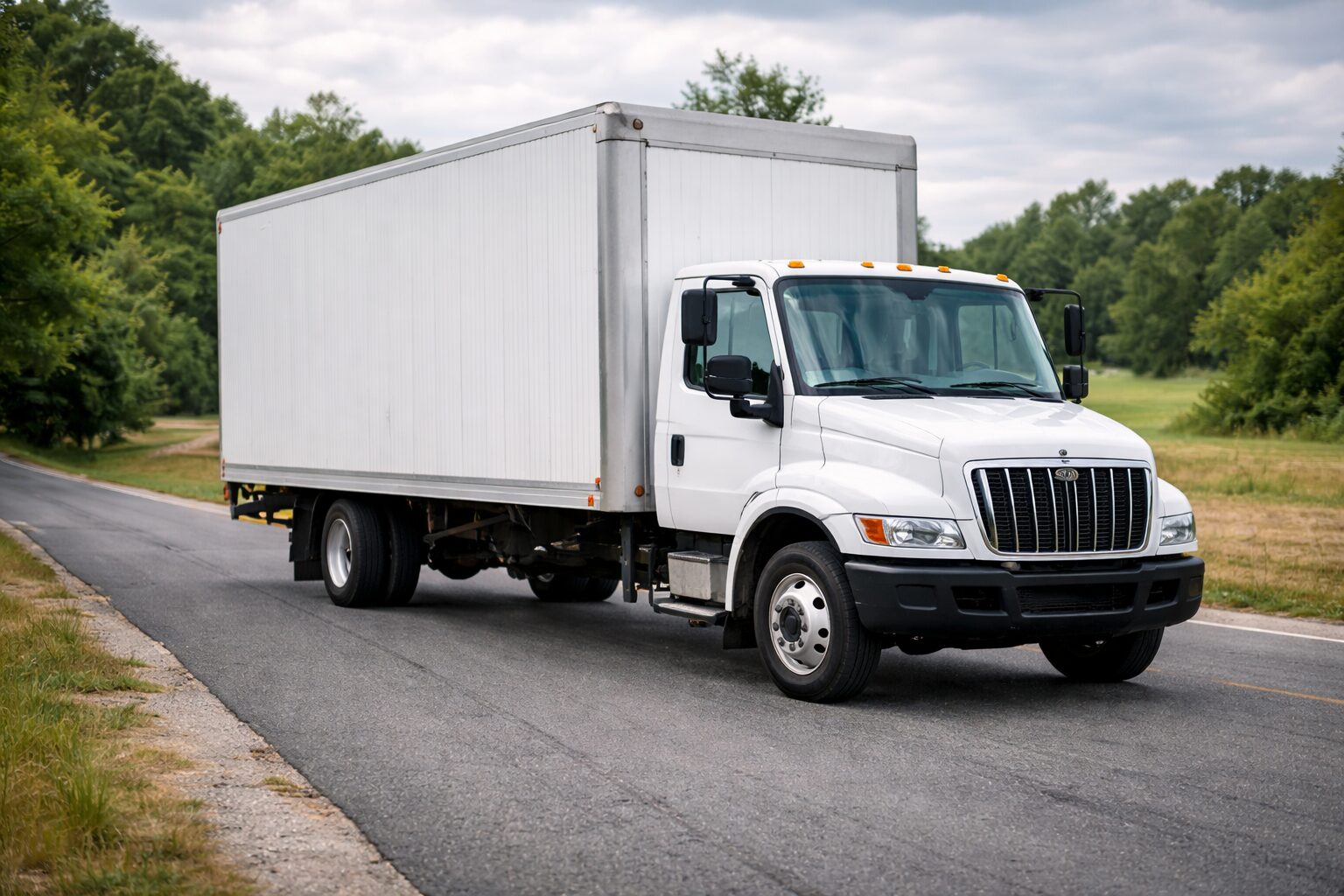 White box truck on a quiet road in Delaware